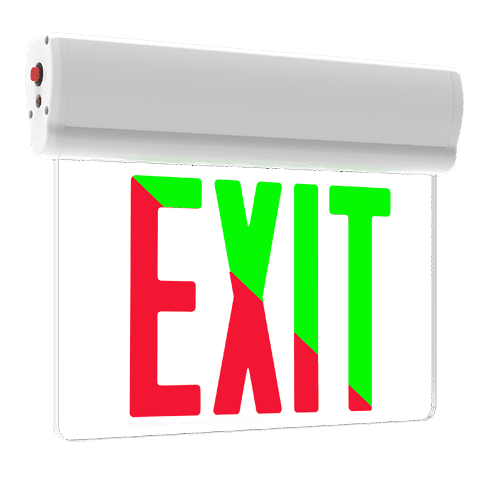 Curva 2 Universal Edge-Lit Exit Sign with white housing, clear panel and red/ green LEDs
