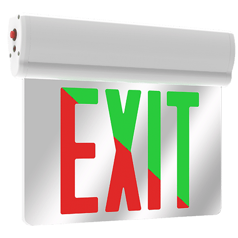 Curva 2 Universal Edge-Lit Exit Sign with white housing, mirror panel and red/ green LEDs
